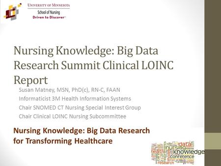 Nursing Knowledge: Big Data Research Summit Clinical LOINC Report Susan Matney, MSN, PhD(c), RN-C, FAAN Informaticist 3M Health Information Systems Chair.