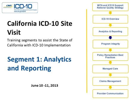 Segment 1: Analytics and Reporting June 10 -11, 2013 California ICD-10 Site Visit Training segments to assist the State of California with ICD-10 Implementation.
