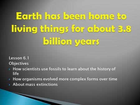 Lesson 6.1 Objectives  How scientists use fossils to learn about the history of life  How organisms evolved more complex forms over time  About mass.