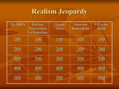 Realism Jeopardy The 1800’s Realism, Regionalism, or Naturalism Literary Terms Name that Realist Work Fill in the Blank 100 200 300 400 500.