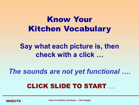 Know Your Kitchen Vocabulary Say what each picture is, then check with a click … The sounds are not yet functional …. CLICK SLIDE TO START ….. Visual Vocabulary.