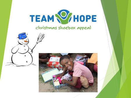 Team Hope is…… an Irish Christian, international development aid charity  Christmas Shoebox Appeal  All year round Community Development Projects 