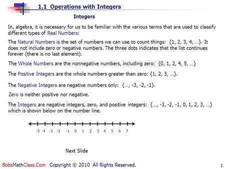 1.1 Operations with Integers BobsMathClass.Com Copyright © 2010 All Rights Reserved. 1 The Negative Integers are negative numbers only: {…, -3, -2, -1}.