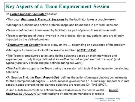 1 Prepared by Dr. Leonard R. Hepp All Rights Reserved Key Aspects of a Team Empowerment Session A Professionally Facilitated session Thorough Planning.