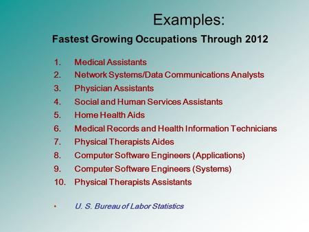 Examples: 1.Medical Assistants 2.Network Systems/Data Communications Analysts 3.Physician Assistants 4.Social and Human Services Assistants 5.Home Health.