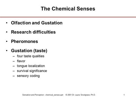 Sensation and Perception - chemical_senses.ppt © 2001 Dr. Laura Snodgrass, Ph.D.1 The Chemical Senses Olfaction and Gustation Research difficulties Pheromones.
