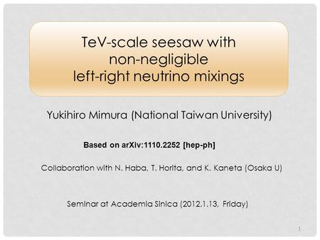 TeV-scale seesaw with non-negligible left-right neutrino mixings Yukihiro Mimura (National Taiwan University) Based on arXiv:1110.2252 [hep-ph] Collaboration.