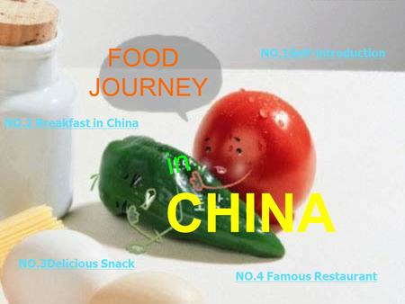 NO.2 Breakfast in China NO.3Delicious Snack NO.4 Famous Restaurant NO.1Self-introduction FOOD JOURNEY in CHINA.