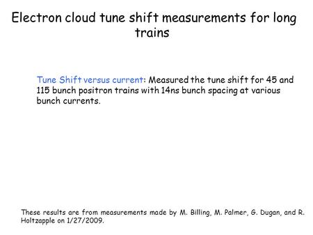 Electron cloud tune shift measurements for long trains Tune Shift versus current: Measured the tune shift for 45 and 115 bunch positron trains with 14ns.