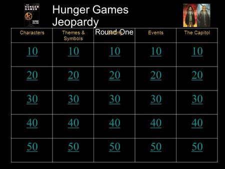 Hunger Games Jeopardy Round One CharactersThemes & Symbols SettingEventsThe Capitol 10 20 30 40 50.