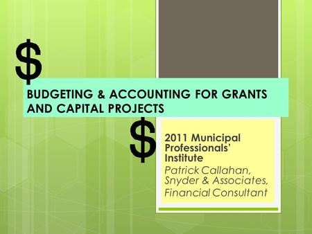 BUDGETING & ACCOUNTING FOR GRANTS AND CAPITAL PROJECTS 2011 Municipal Professionals’ Institute Patrick Callahan, Snyder & Associates, Financial Consultant.