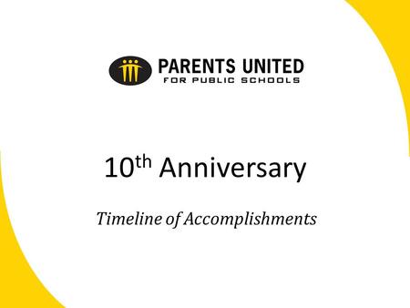 10 th Anniversary Timeline of Accomplishments. Engaging the Community for 10 Years The Early Years 2002-2004 December – in separate effort, Save Our Schools.
