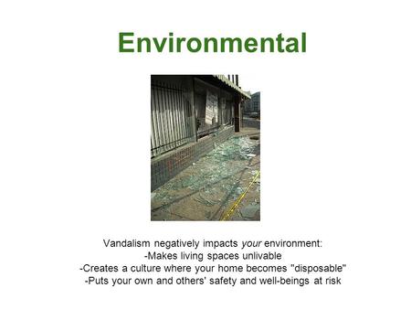 Environmental Vandalism negatively impacts your environment: -Makes living spaces unlivable -Creates a culture where your home becomes disposable -Puts.