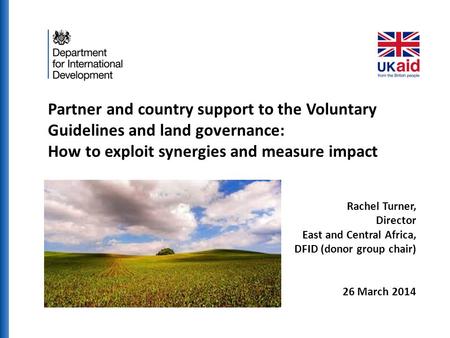 Partner and country support to the Voluntary Guidelines and land governance: How to exploit synergies and measure impact Rachel Turner, Director East and.