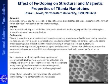 National Science Foundation Effect of Fe-Doping on Structural and Magnetic Properties of Titania Nanotubes Laura H. Lewis, Northeastern University, DMR.