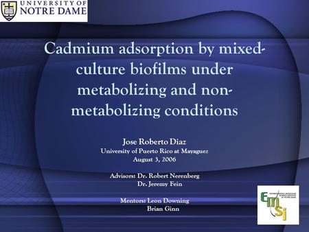 Cadmium adsorption by mixed- culture biofilms under metabolizing and non- metabolizing conditions Jose Roberto Diaz University of Puerto Rico at Mayaguez.