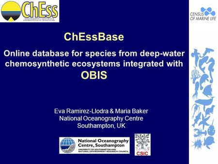 ChEssBase Online database for species from deep-water chemosynthetic ecosystems integrated with OBIS Eva Ramirez-Llodra & Maria Baker National Oceanography.