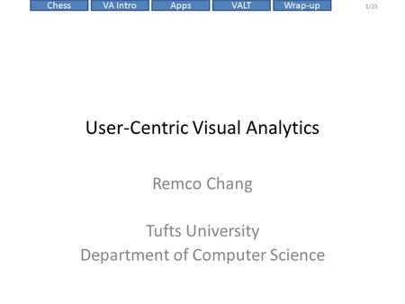 VALTChessVA IntroAppsWrap-up 1/25 User-Centric Visual Analytics Remco Chang Tufts University Department of Computer Science.