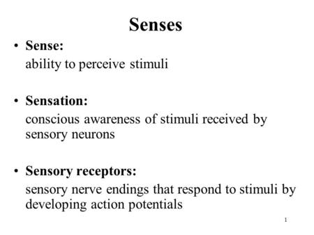 Senses Sense: ability to perceive stimuli Sensation: