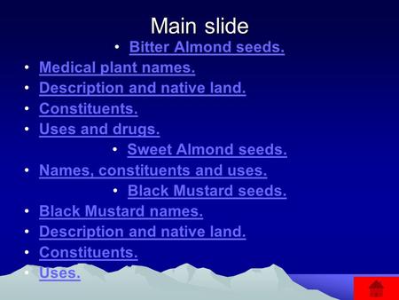 Main slide Bitter Almond seeds. Medical plant names. Description and native land. Constituents. Uses and drugs. Sweet Almond seeds. Names, constituents.