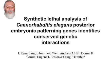 Synthetic lethal analysis of Caenorhabditis elegans posterior embryonic patterning genes identifies conserved genetic interactions L Ryan Baugh, Joanne.
