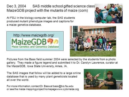 Dec 3, 2004SAS middle school gifted science class. MaizeGDB project with the mutants of maize (corn) At FSU in the biology computer lab, the SAS students.