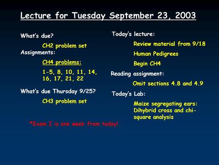 Lecture for Tuesday September 23, 2003 What’s due? CH2 problem set Assignments: CH4 problems: 1-5, 8, 10, 11, 14, 16, 17, 21, 22 What’s due Thursday 9/25?