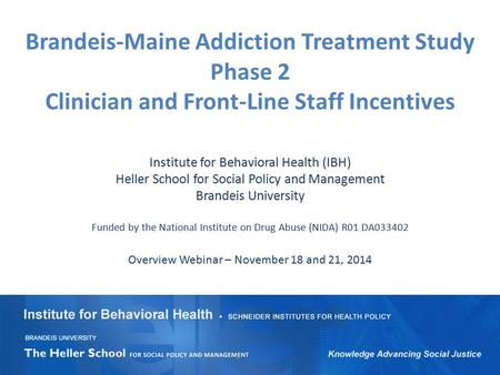 Brandeis-Maine Addiction Treatment Study Phase 2 Clinician and Front-Line Staff Incentives Institute for Behavioral Health (IBH) Heller School for Social.