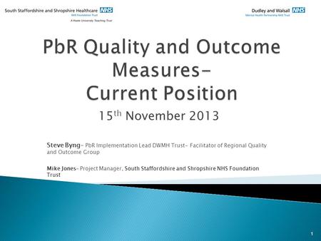 15 th November 2013 Steve Byng- PbR Implementation Lead DWMH Trust- Facilitator of Regional Quality and Outcome Group Mike Jones- Project Manager, South.