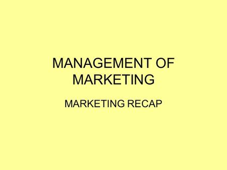 MANAGEMENT OF MARKETING MARKETING RECAP. LEARNING INTENTIONS/ SUCCESS CRITERIA LEARNING INTENTIONS: To understand the role of: Marketing Market Research.