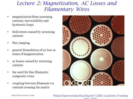 Martin Wilson Lecture 2 slide1 'Pulsed Superconducting Magnets' CERN Academic Training May 2006 Lecture 2: Magnetization, AC Losses and Filamentary Wires.