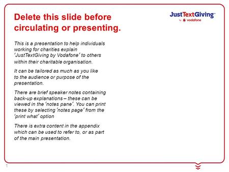 1 This is a presentation to help individuals working for charities explain ‘JustTextGiving by Vodafone’ to others within their charitable organisation.