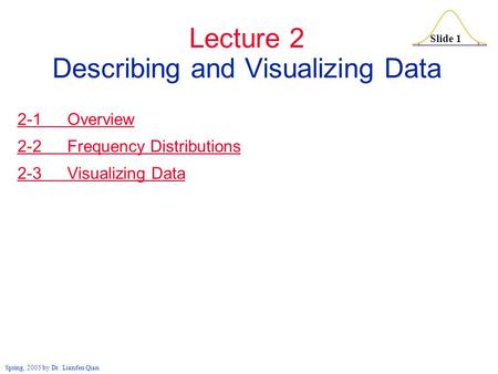 Slide 1 Spring, 2005 by Dr. Lianfen Qian Lecture 2 Describing and Visualizing Data 2-1 Overview 2-2 Frequency Distributions 2-3 Visualizing Data.
