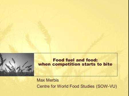 Food fuel and food: when competition starts to bite Max Merbis Centre for World Food Studies (SOW-VU)