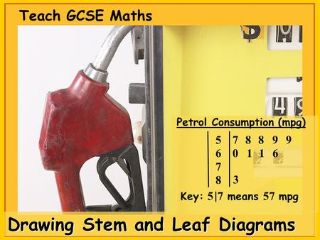 Drawing Stem and Leaf Diagrams Teach GCSE Maths Petrol Consumption (mpg) 8 7 6 58 0 87 Key: 5 7 means 57 mpg 3 99 116.