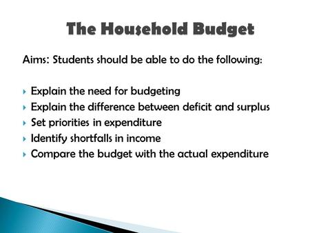 Aims : Students should be able to do the following:  Explain the need for budgeting  Explain the difference between deficit and surplus  Set priorities.