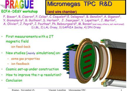 Prague, November 15- 18th, 2002 Vincent Lepeltier Micromegas TPC R&D 1 Micromegas TPC R&D (and wire chamber) First measurements with a 2T magnetic fieldFirst.