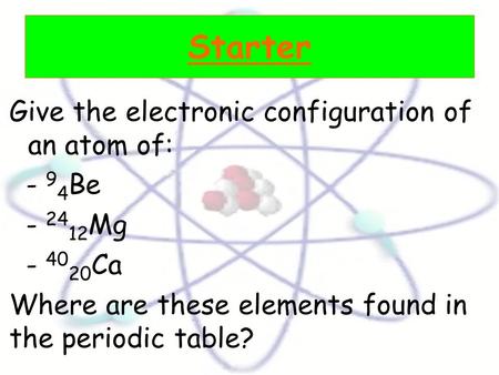 Starter Give the electronic configuration of an atom of: - 9 4 Be - 24 12 Mg - 40 20 Ca Where are these elements found in the periodic table?