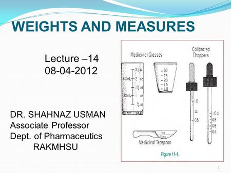 WEIGHTS AND MEASURES Lecture – DR. SHAHNAZ USMAN