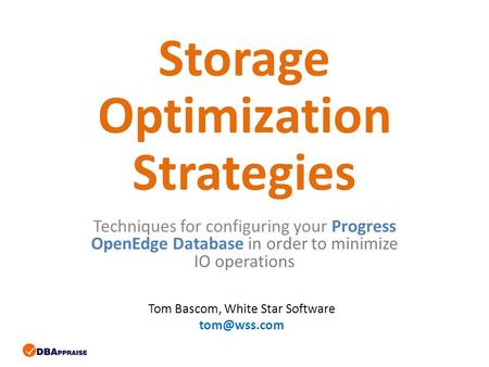 Storage Optimization Strategies Techniques for configuring your Progress OpenEdge Database in order to minimize IO operations Tom Bascom, White Star Software.