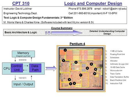 CPT 310 Logic and Computer Design Instructor: David LublinerPhone 973.596.2878   Engineering Technology Dept.Cell 201-960-8018.