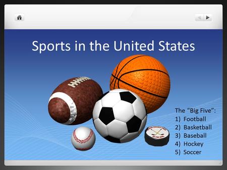 Sports in the United States The “Big Five”: 1)Football 2)Basketball 3)Baseball 4)Hockey 5)Soccer.