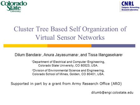 Cluster Tree Based Self Organization of Virtual Sensor Networks Dilum Bandara 1, Anura Jayasumana 1, and Tissa Illangasekare 2 1 Department of Electrical.