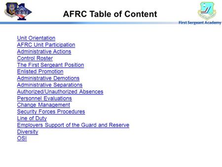 AFRC Table of Content Unit Orientation AFRC Unit Participation