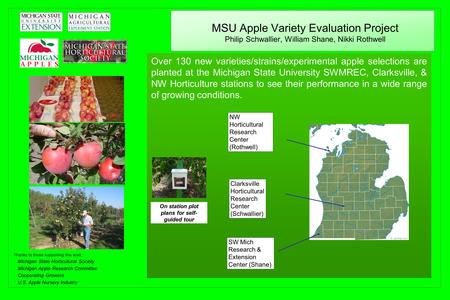 MSU Apple Variety Evaluation Project Philip Schwallier, William Shane, Nikki Rothwell Over 130 new varieties/strains/experimental apple selections are.