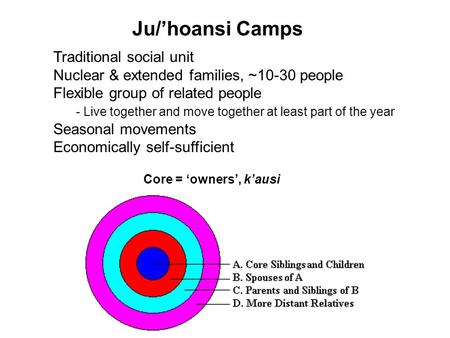 Ju/’hoansi Camps Traditional social unit Nuclear & extended families, ~10-30 people Flexible group of related people - Live together and move together.