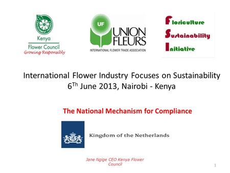 International Flower Industry Focuses on Sustainability 6 Th June 2013, Nairobi - Kenya Jane Ngige CEO Kenya Flower Council 1 The National Mechanism for.