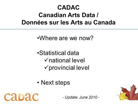 1 CADAC Canadian Arts Data / Données sur les Arts au Canada Where are we now? Statistical data national level provincial level Next steps - Update, June.