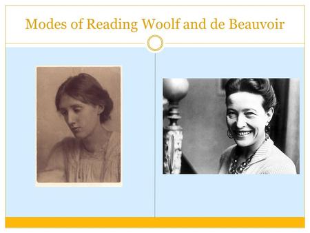 Modes of Reading Woolf and de Beauvoir. Plan Virgina Woolf, Chapter Two of A room of one’s own (Lodge 5) Simone de Beauvoir, “Myth and reality,” and “Woman’s.