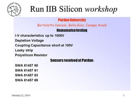 January 22, 20031 Run IIB Silicon workshop Purdue University Bortoletto Daniela, Bolla Gino, Canepa Anadi Hamamatsu testing I-V characteristics up to 1000V.